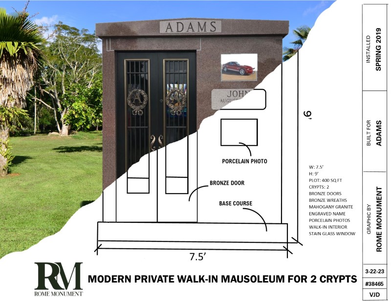 Pictured above is a small private walk-in style granite and bronze mausoleum that was custom designed and constructed by Rome Monument in 2023.
