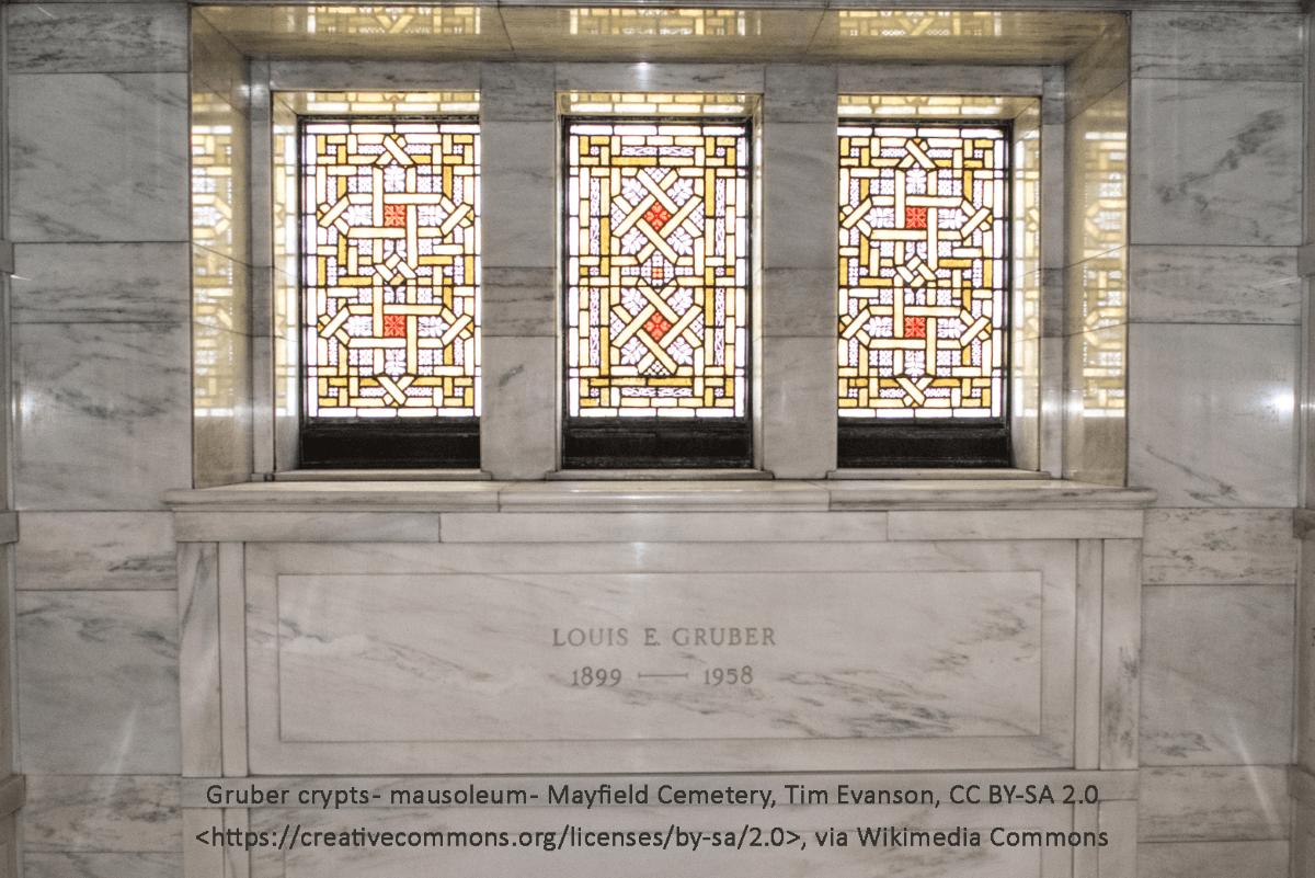 Pictured above are 3 gorgeous stained glass windows that decorate the Louis E. Gruber crypt in a mausoleum located in the the Mayfield Cemetery, a historic Jewish cemetery, in Cleveland Heights, Ohio.