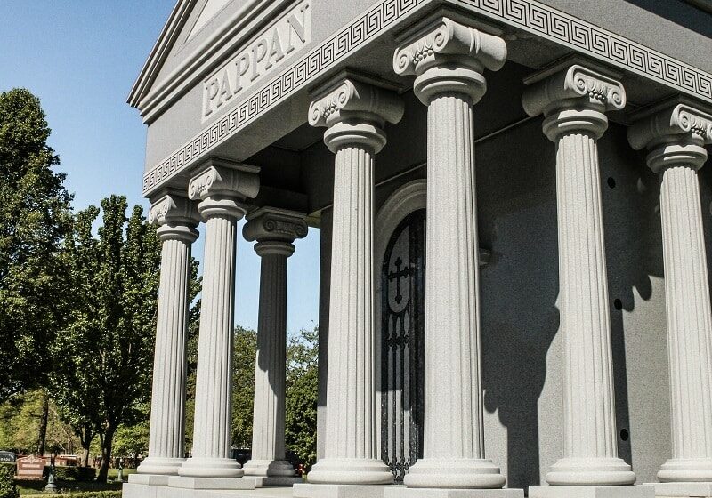 Pictured here is a private family mausoleum designed and built with high quality granite by Rome Monument, in a Greek Neoclassical architectural style for the Pappan family of Pennsylvania. 