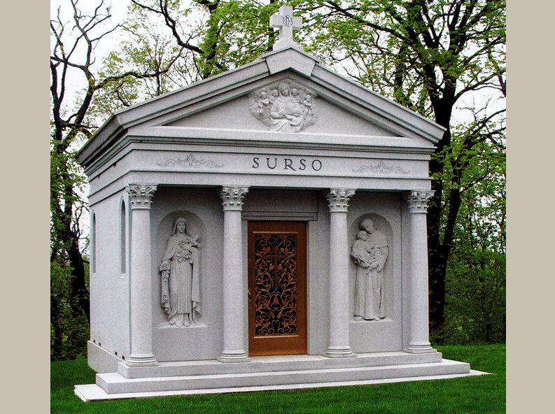 Walk-in family mausoleums like the one pictured here built by Rome Monument, provide shelter, privacy and comfort to family members that are visiting a grave site