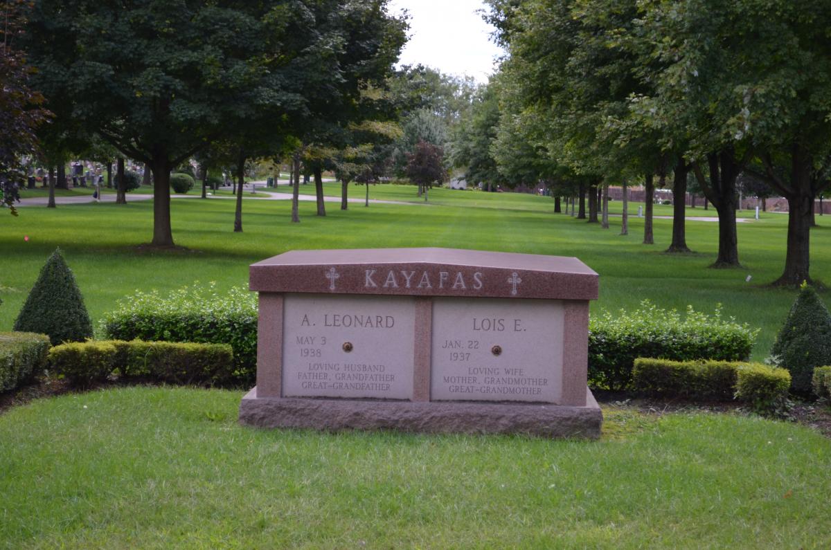 2 crypt granite mausoleum that was designed by Vince Dioguardi of Rome Monument, at the request of Leonard A. and Lois E. Kayafas