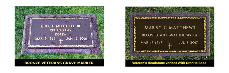 Pictured Here On the Left Is An Original U.S. Government (VA) Furnished Bronze Grave Marker 24 Inches Long by 12 Inches Wide With A 3/4 Inch Rise. Pictured On the Right Is A Matching Bronze Grave Marker For A Veterans Spouse. The Grave Marker On the Right Was Manufactured by Rome Monument.