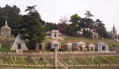 Mausoleum Architectural Design Styles In California. Millionaire's Row, Mountain View Cemetery, Oakland, California.  Many of California's important historical figures are buried in grandiose crypts and opulent tombs in a section of the Mountain View Cemetery, known as "Millionaires' Row". March 13 2023 - Rome Monument