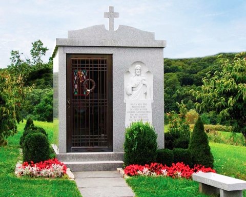 Picture Of A Simple And Small Private Family Walk-In Mausoleum With Bronze Door, Stained Glass Windows And Memorial Bench - March 18 2023 Rome Monument US Mausoleum Design And Construction Services