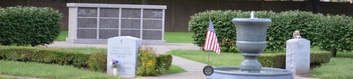 Pictured here are community (public) cremation niches in an outdoor columbarium (mausoleum) in an historic cemetery in Beaver Pennsylvania.