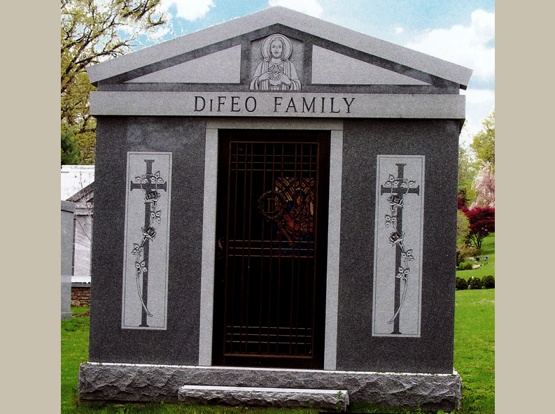 Six Crypt Private Walk-In Mausoleum with Gable Roof was Constructed by Rome Monument in Tiffany Grey Granite in a Size of 10'-6 x 9'-0 x 10'-4