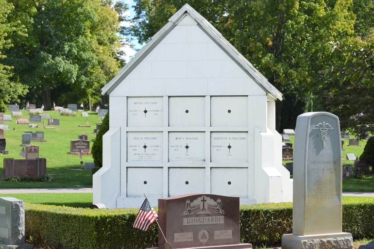 This 9 crypt chapel style private non-walkin mausoleum was custom designed by Vince Dioguardi, the Rome Monument owner and president. March 31 2023