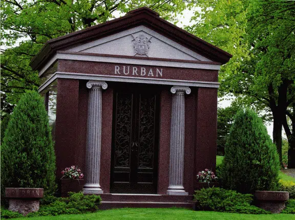 Pictured here is another classically styled walk-in private multi-crypt family mausoleum designed by Vincent Dioguardi.
